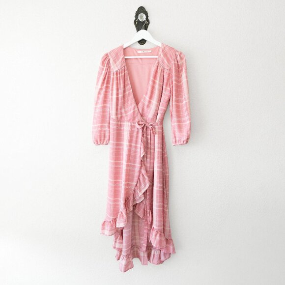 miami Dresses & Skirts - Mi Ami Pink Plaid Wrap Dress Womens M Ruffle Hem Midi Cottagecore Puff Sleeve